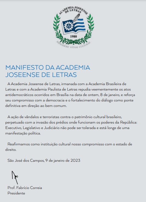 Nota de repúdio emitida pela Academia Joseense de Letras, após ataques golpistas em Brasília. 